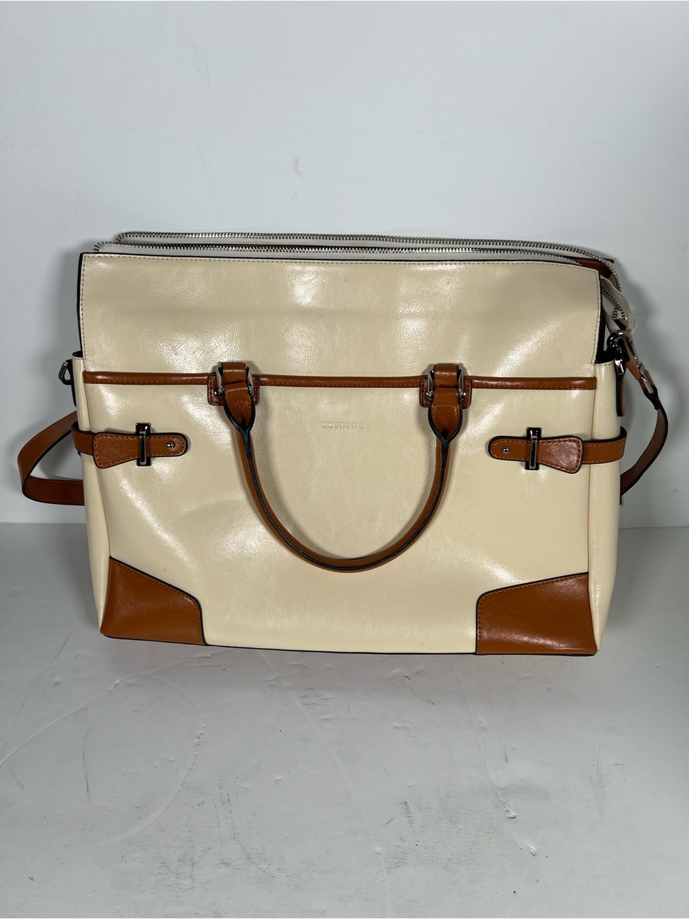 BOSTANTON Cream and Brown Two-Tone Leather Laptop Bag with Shoulder Strap